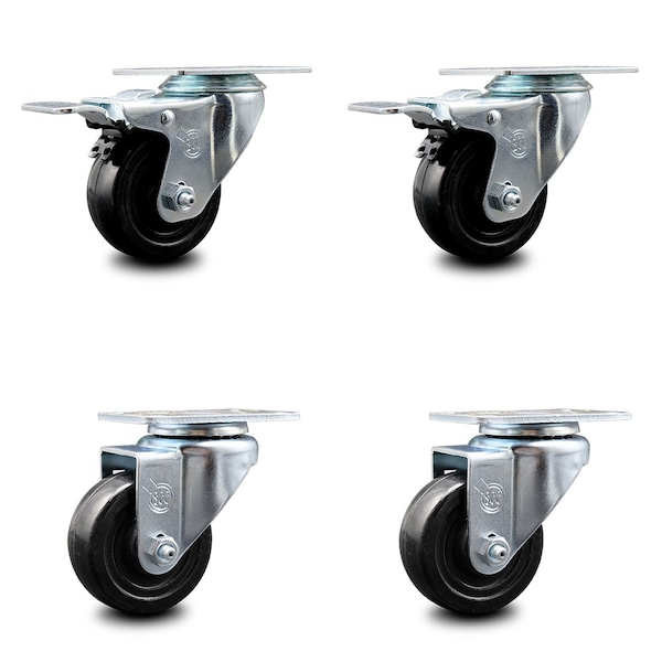 3 Inch Hard Rubber Wheel Swivel Top Plate Caster Total Lock Brakes SCC, 2PK